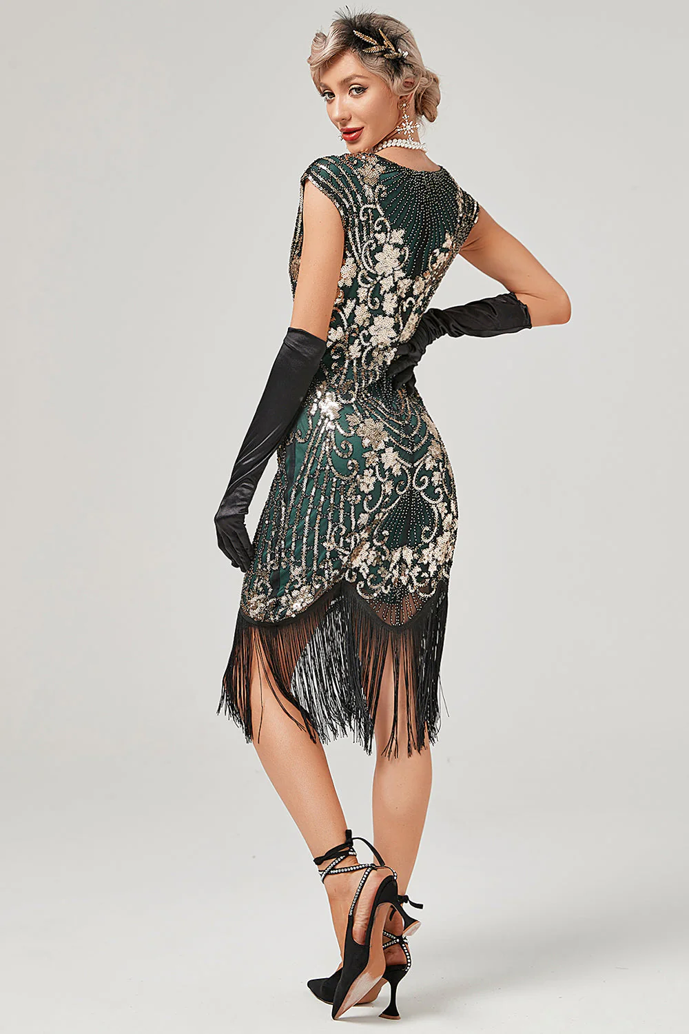 Green Round Neck Golden Embroidery 1920s Dress With Fringes - Image 2