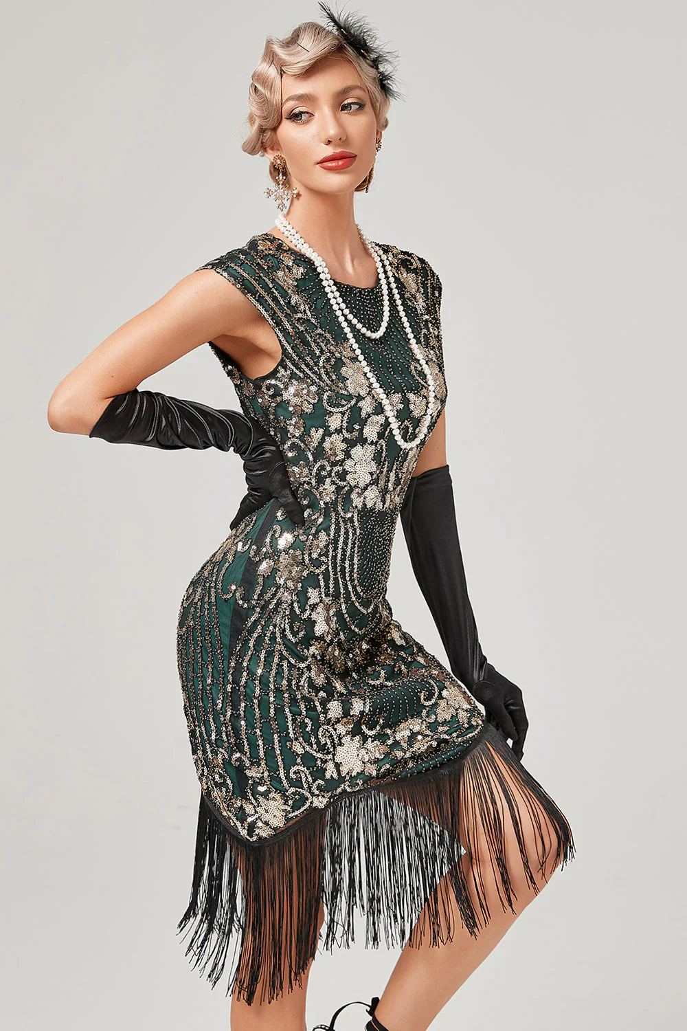 Green Round Neck Golden Embroidery 1920s Dress With Fringes - Image 3