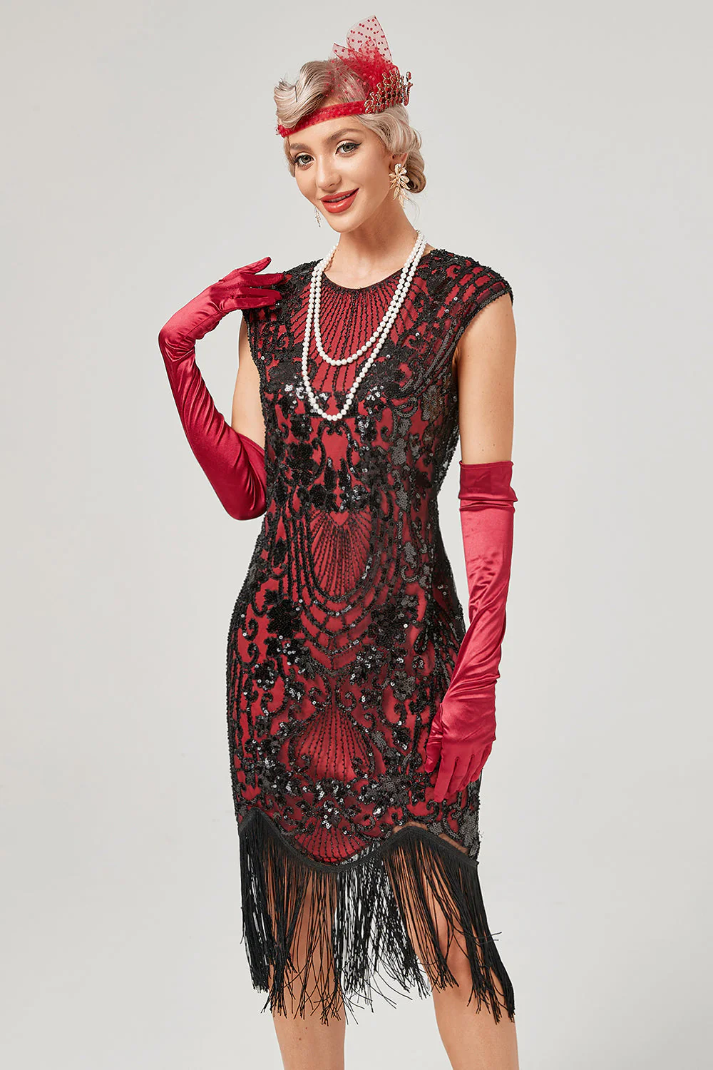 Green Round Neck Golden Embroidery 1920s Dress With Fringes - Image 4