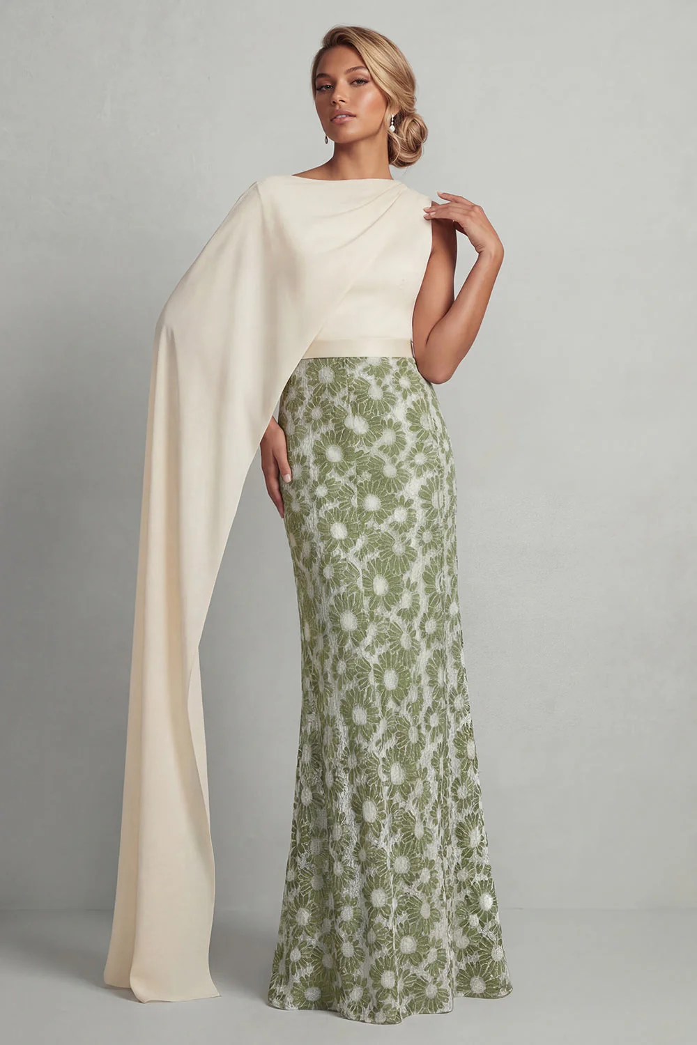 Green Sheath Floral Long Mother Of the Bride Dress with Side Cape - Image 2