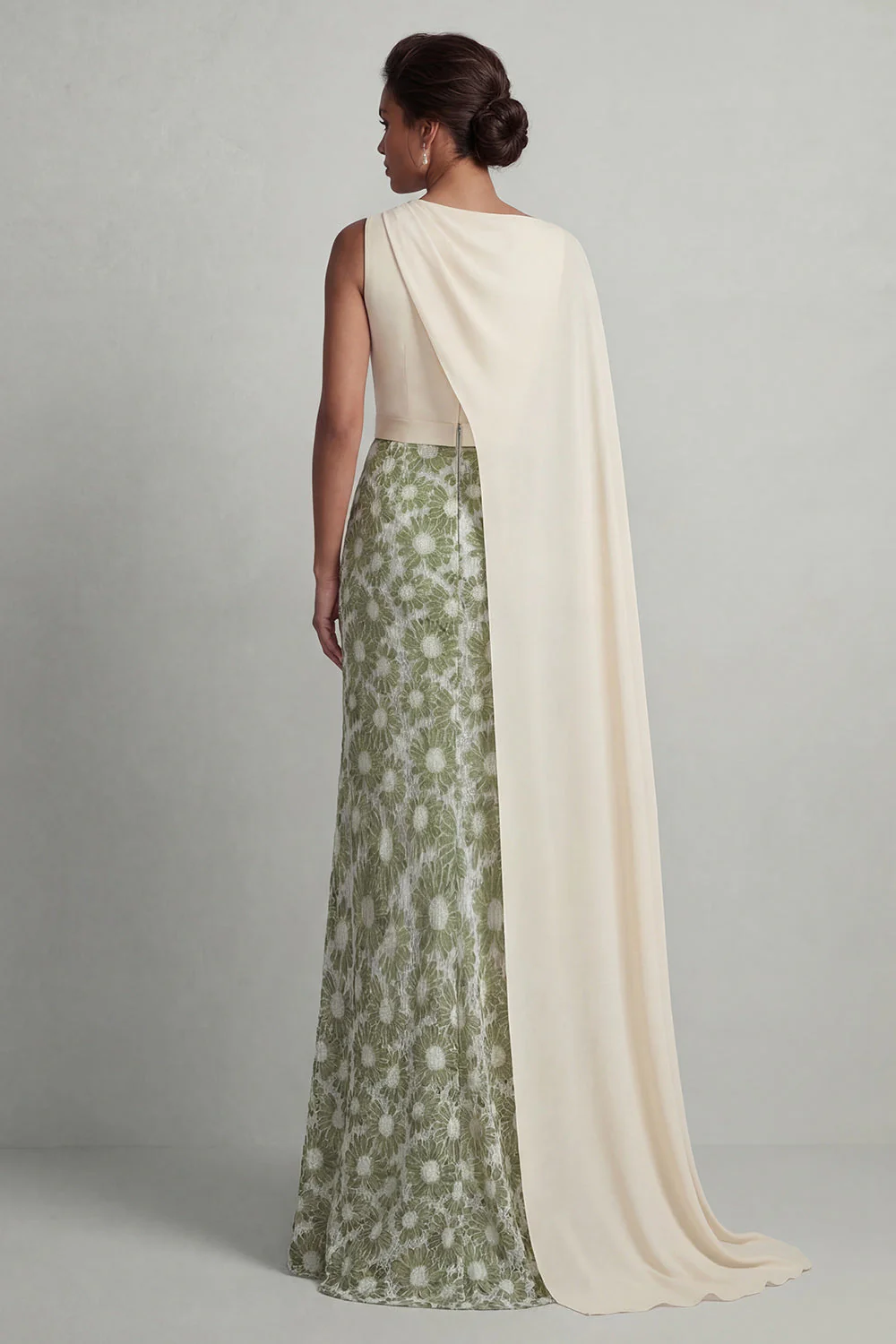 Green Sheath Floral Long Mother Of the Bride Dress with Side Cape - Image 3