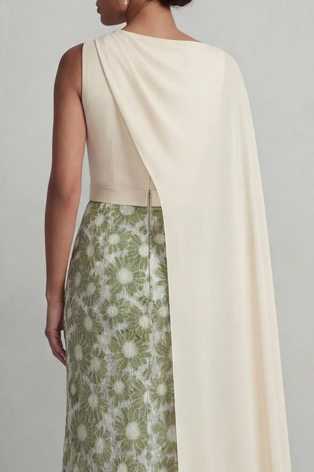 Green Sheath Floral Long Mother Of the Bride Dress with Side Cape - Image 5