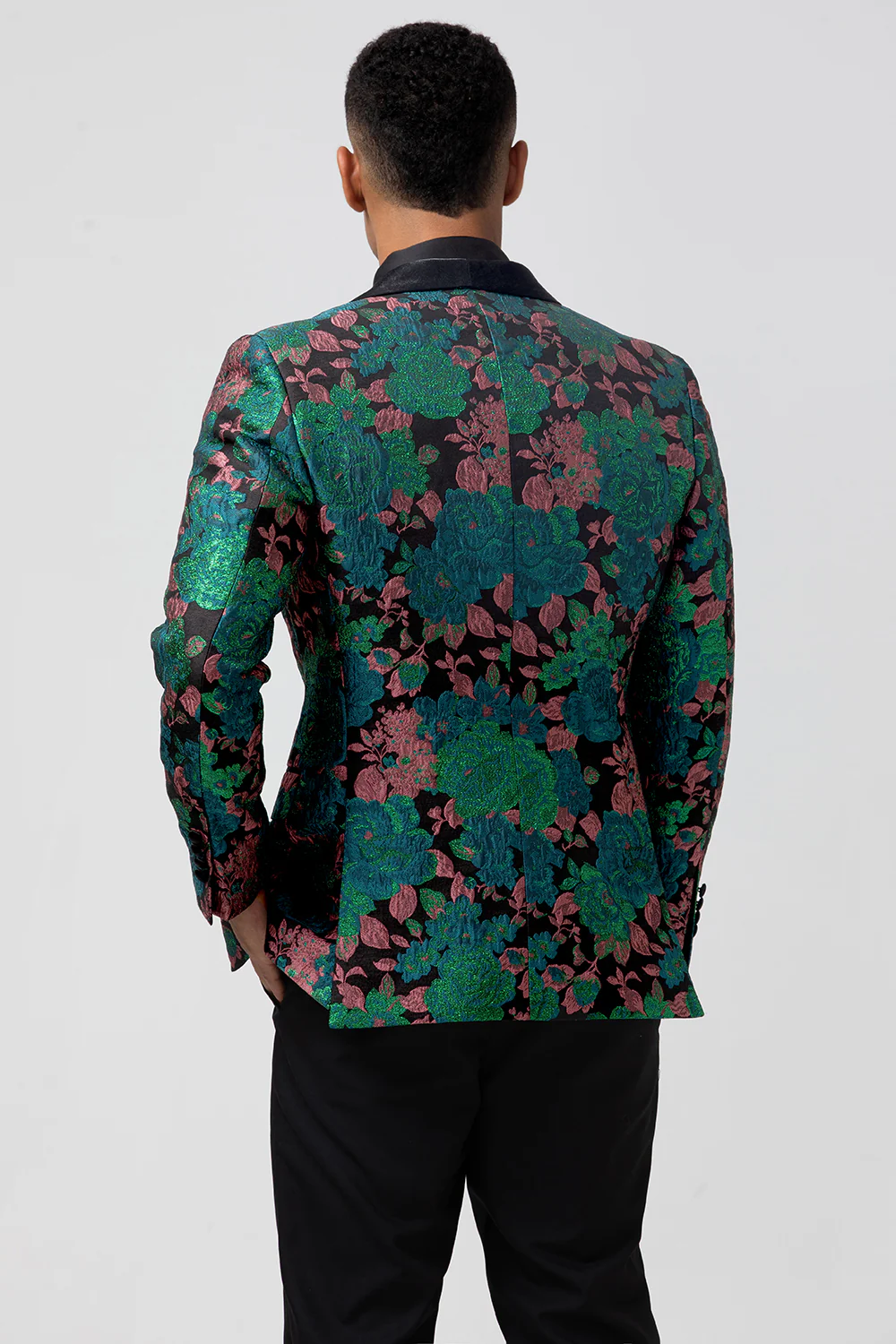 Green Shawl Lapel Jacquard Floral Men's Blazer - Image 2