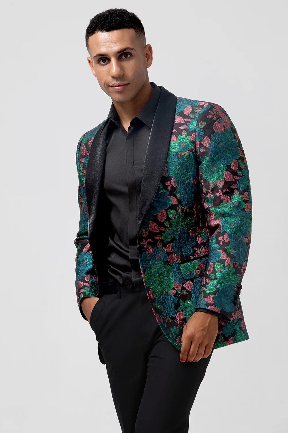 Green Shawl Lapel Jacquard Floral Men's Blazer - Image 3