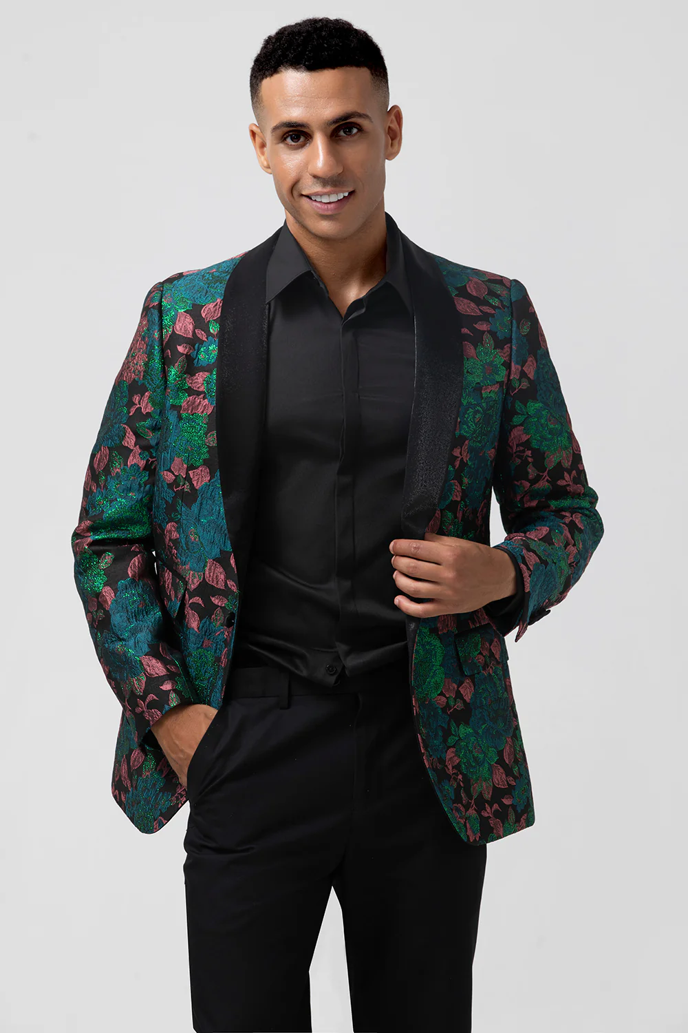 Green Shawl Lapel Jacquard Floral Men's Blazer - Image 4