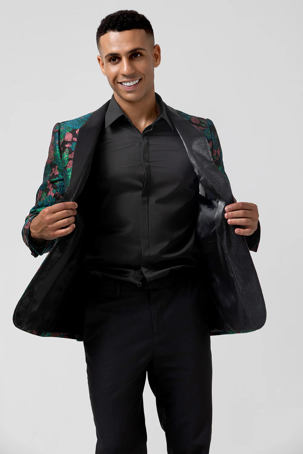 Green Shawl Lapel Jacquard Floral Men's Blazer - Image 5