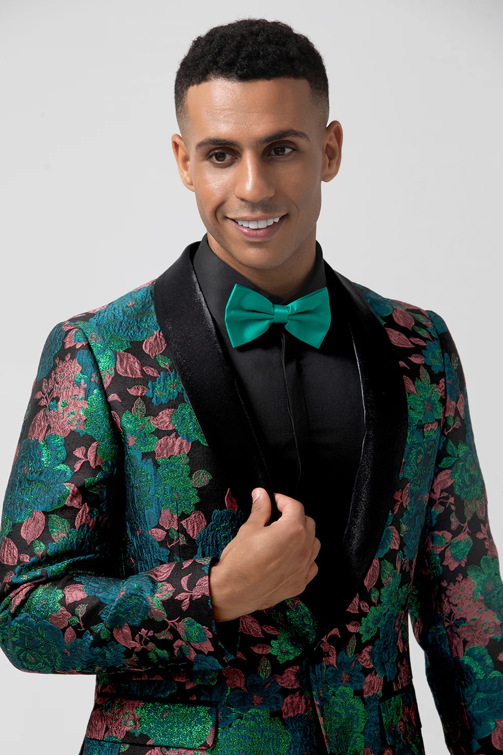Green Shawl Lapel Jacquard Floral Men's Blazer - Image 6