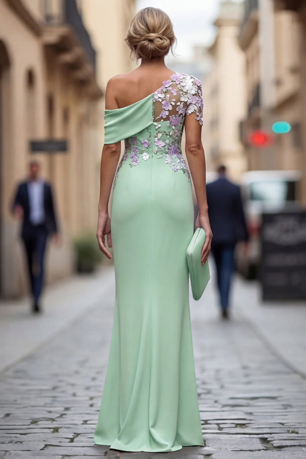 Green Sheath One Shoulder Long Mother Of the Bride Dress with Appliques - Image 2