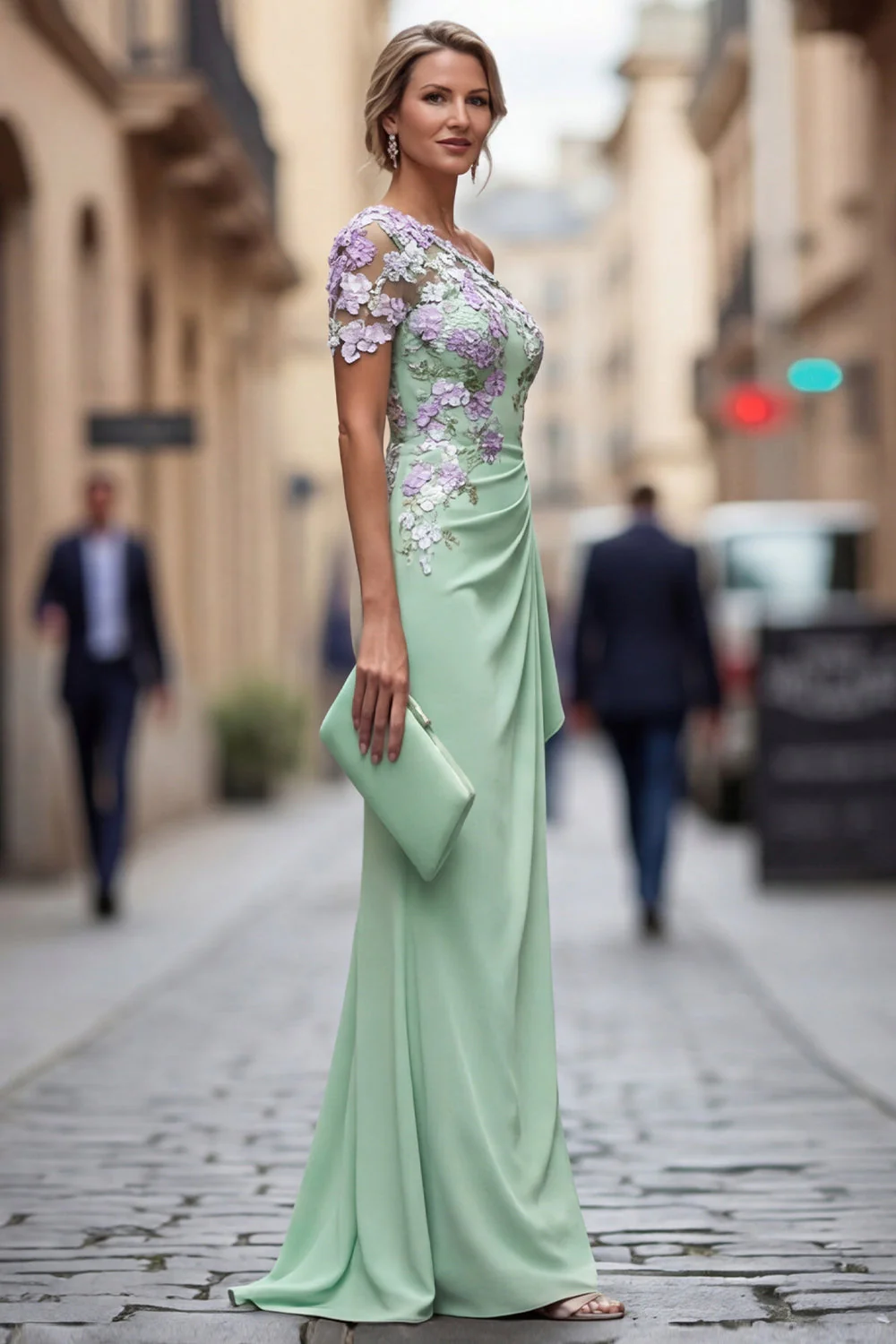 Green Sheath One Shoulder Long Mother Of the Bride Dress with Appliques - Image 3