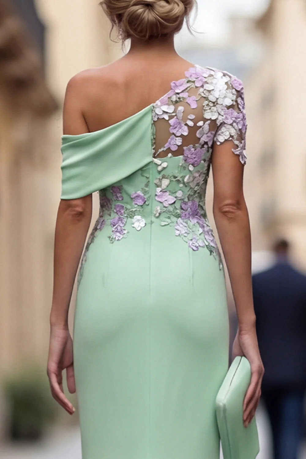 Green Sheath One Shoulder Long Mother Of the Bride Dress with Appliques - Image 5