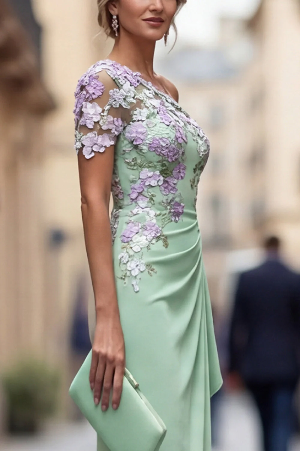 Green Sheath One Shoulder Long Mother Of the Bride Dress with Appliques - Image 6