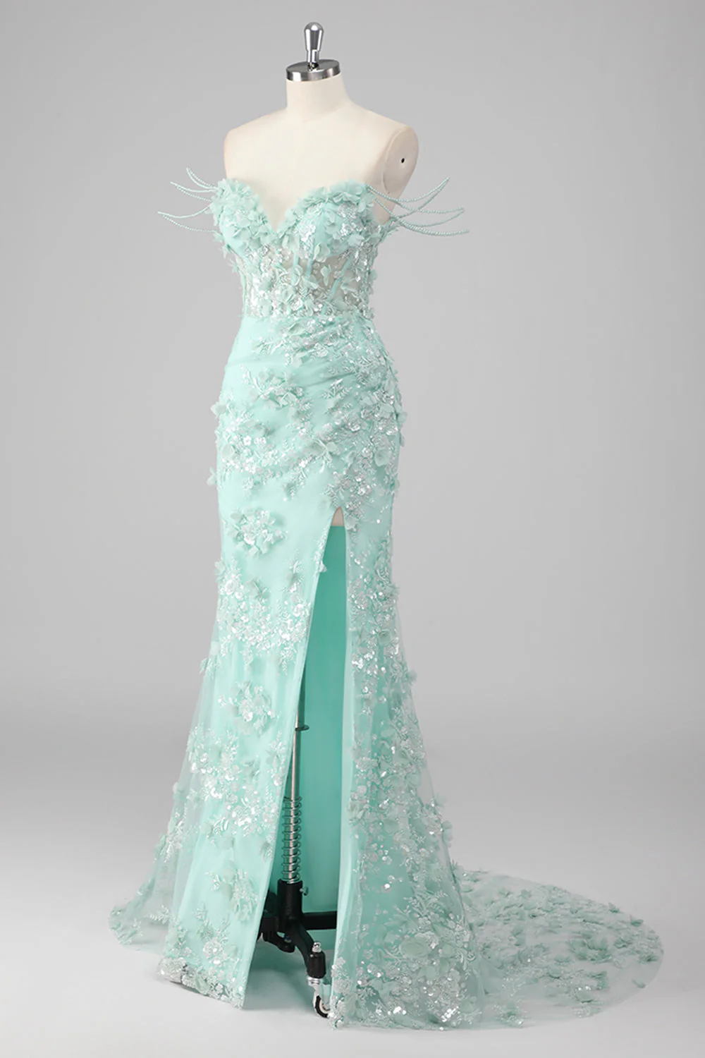 Green Sheath Sweetheart Corset Appliqued Long Prom Dress with Slit - Image 3