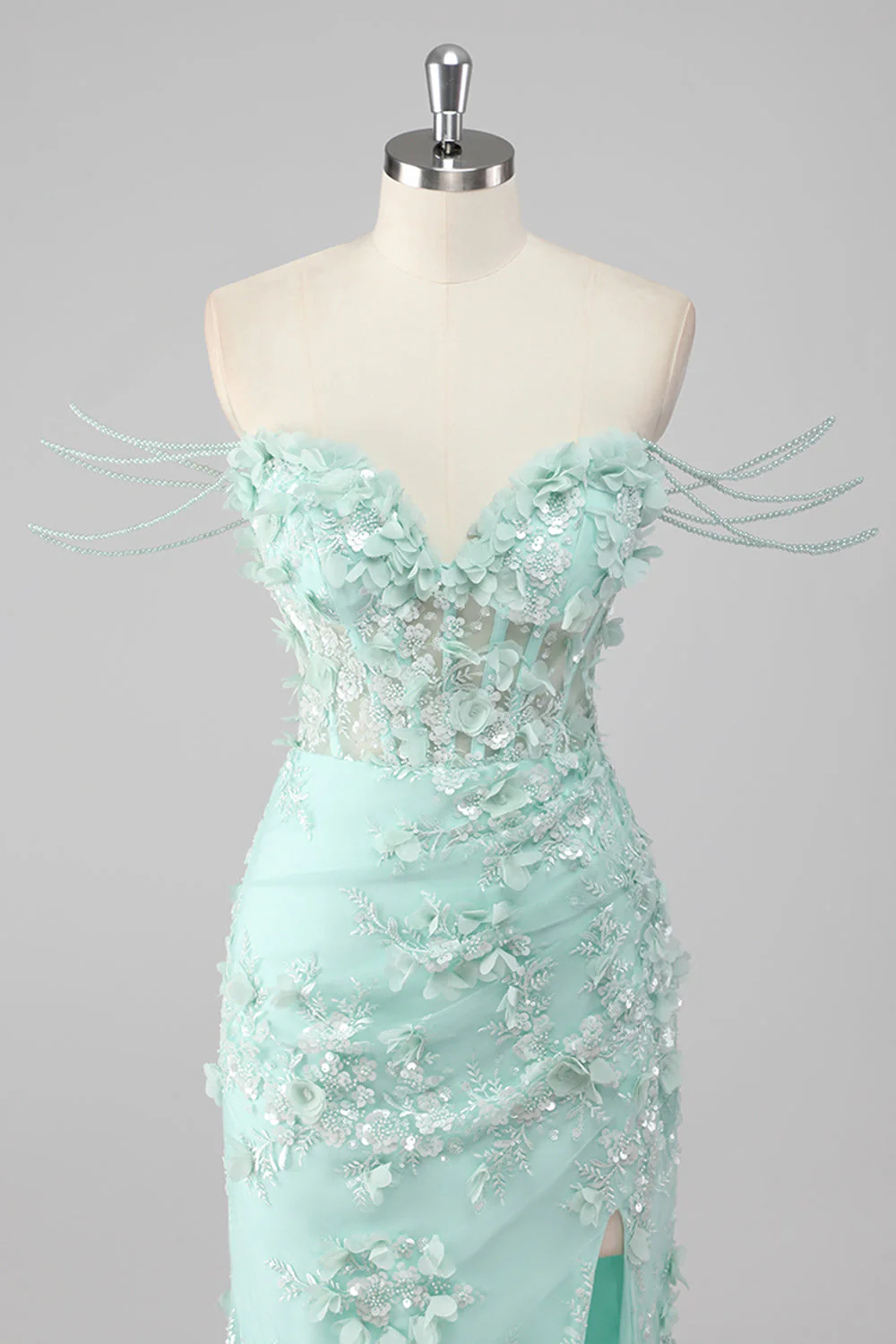 Green Sheath Sweetheart Corset Appliqued Long Prom Dress with Slit - Image 4