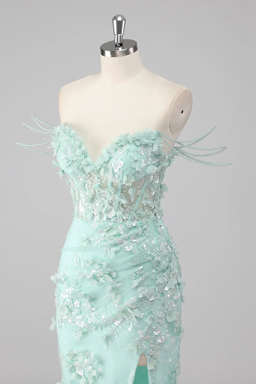 Green Sheath Sweetheart Corset Appliqued Long Prom Dress with Slit - Image 6