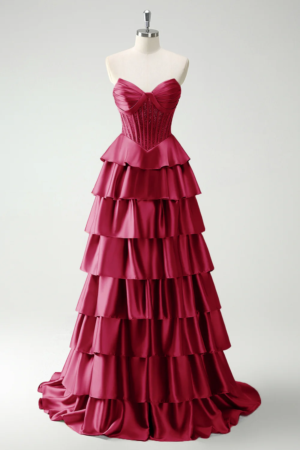 Green Sweetheart Princess Satin Tiered Long Corset Prom Dress with Slit - Image 10