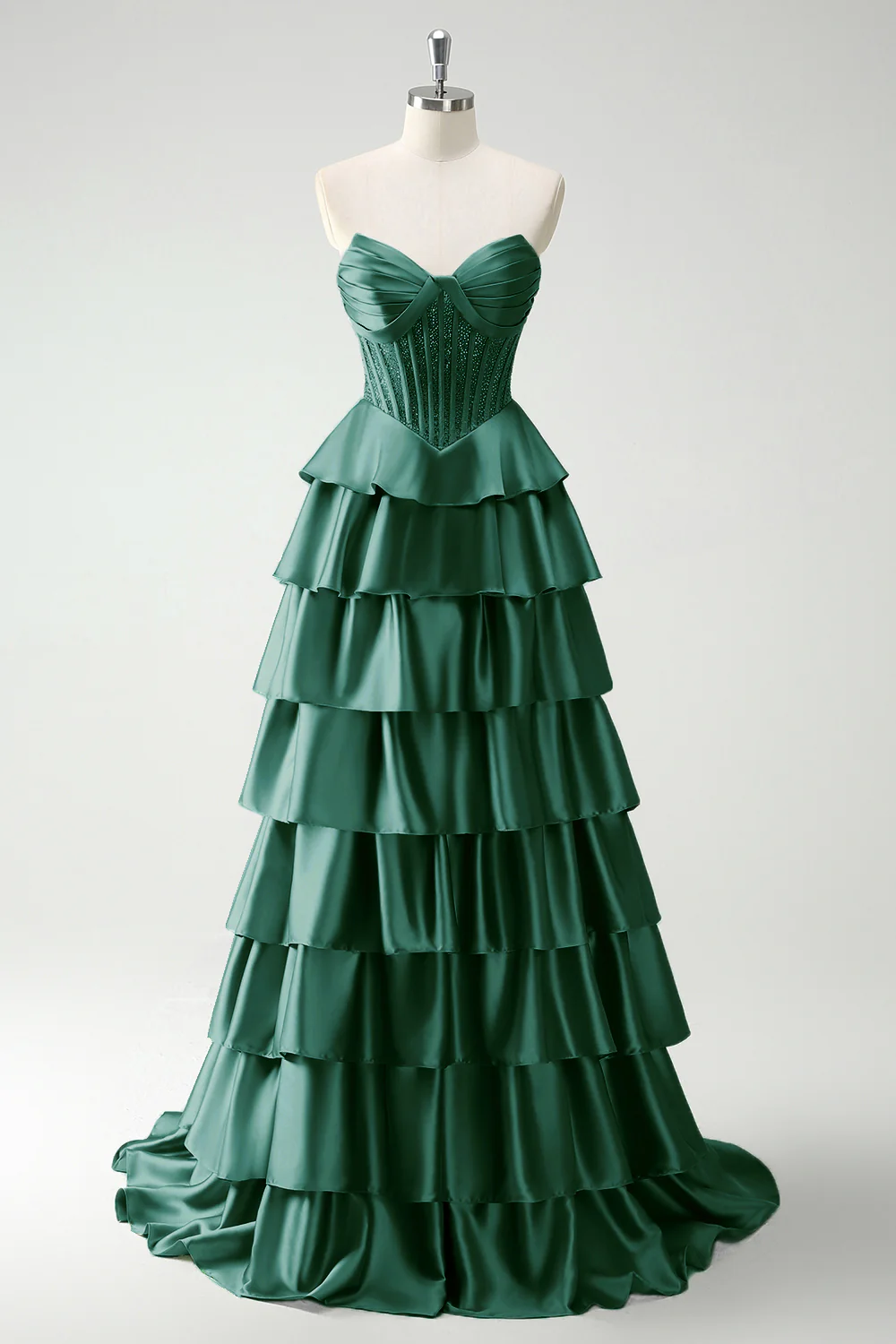 Green Sweetheart Princess Satin Tiered Long Corset Prom Dress with Slit - Image 11