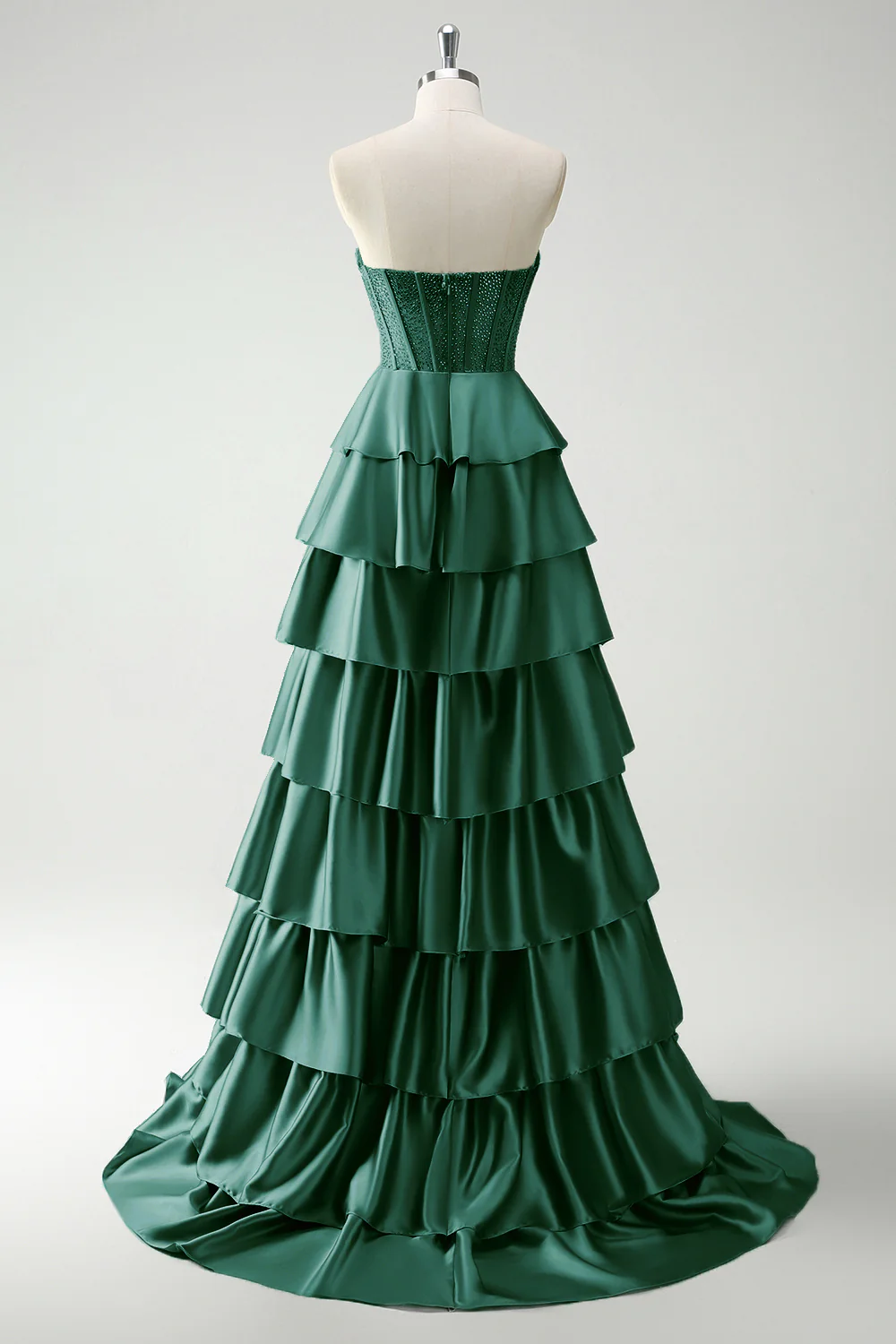 Green Sweetheart Princess Satin Tiered Long Corset Prom Dress with Slit - Image 12