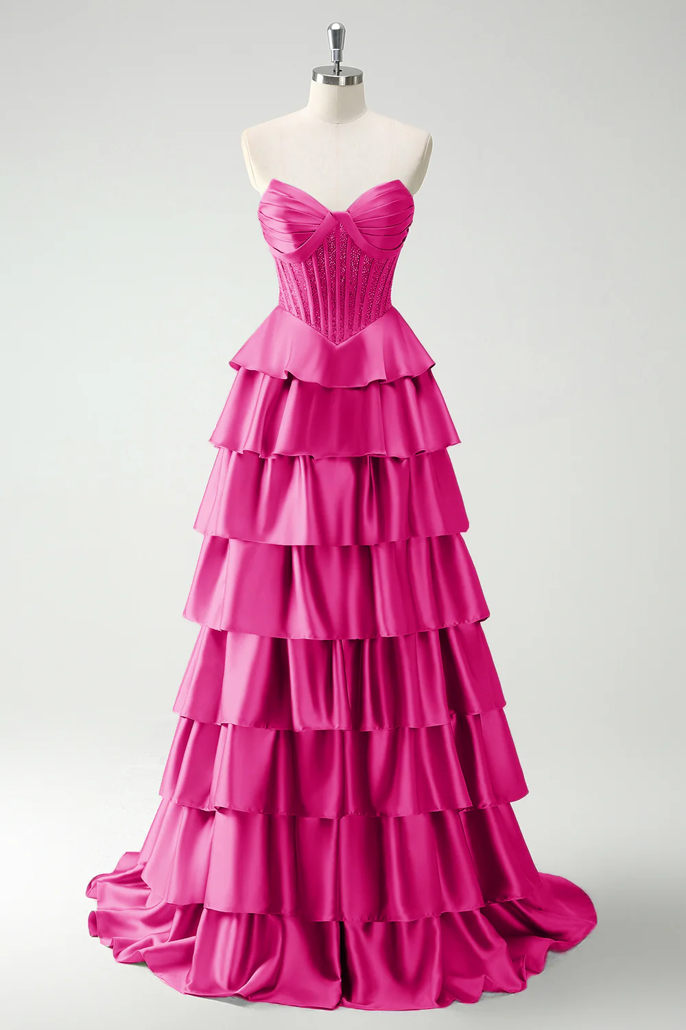 Green Sweetheart Princess Satin Tiered Long Corset Prom Dress with Slit - Image 13