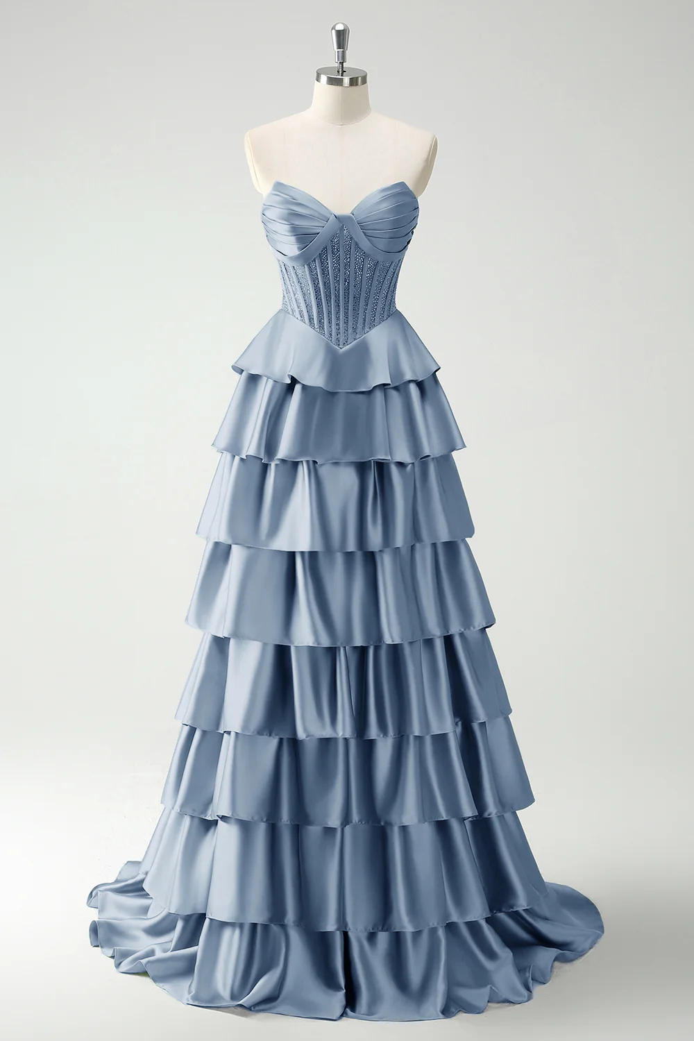 Green Sweetheart Princess Satin Tiered Long Corset Prom Dress with Slit - Image 15