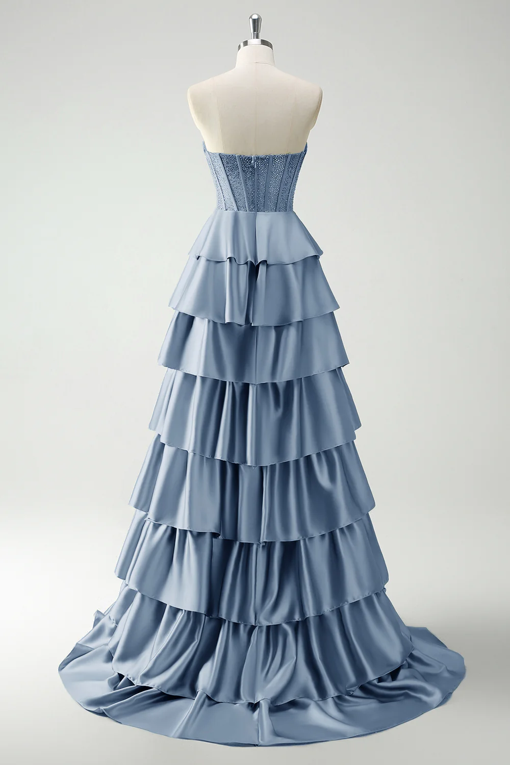 Green Sweetheart Princess Satin Tiered Long Corset Prom Dress with Slit - Image 16