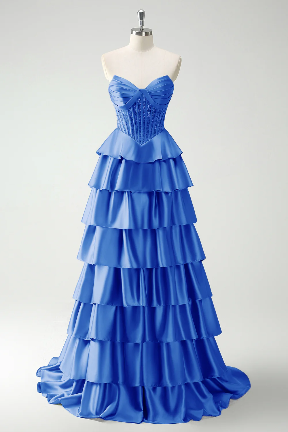 Green Sweetheart Princess Satin Tiered Long Corset Prom Dress with Slit - Image 17