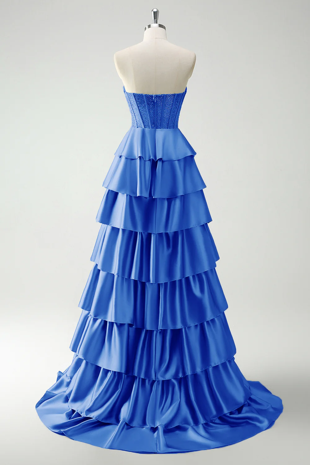 Green Sweetheart Princess Satin Tiered Long Corset Prom Dress with Slit - Image 18