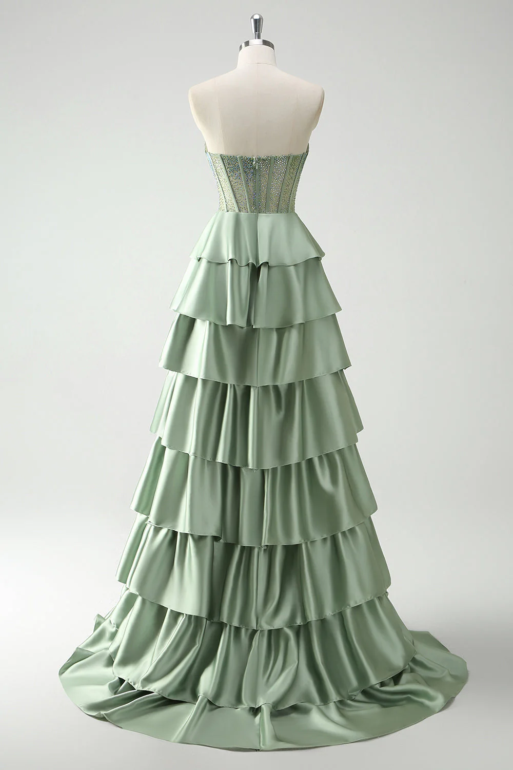 Green Sweetheart Princess Satin Tiered Long Corset Prom Dress with Slit - Image 2
