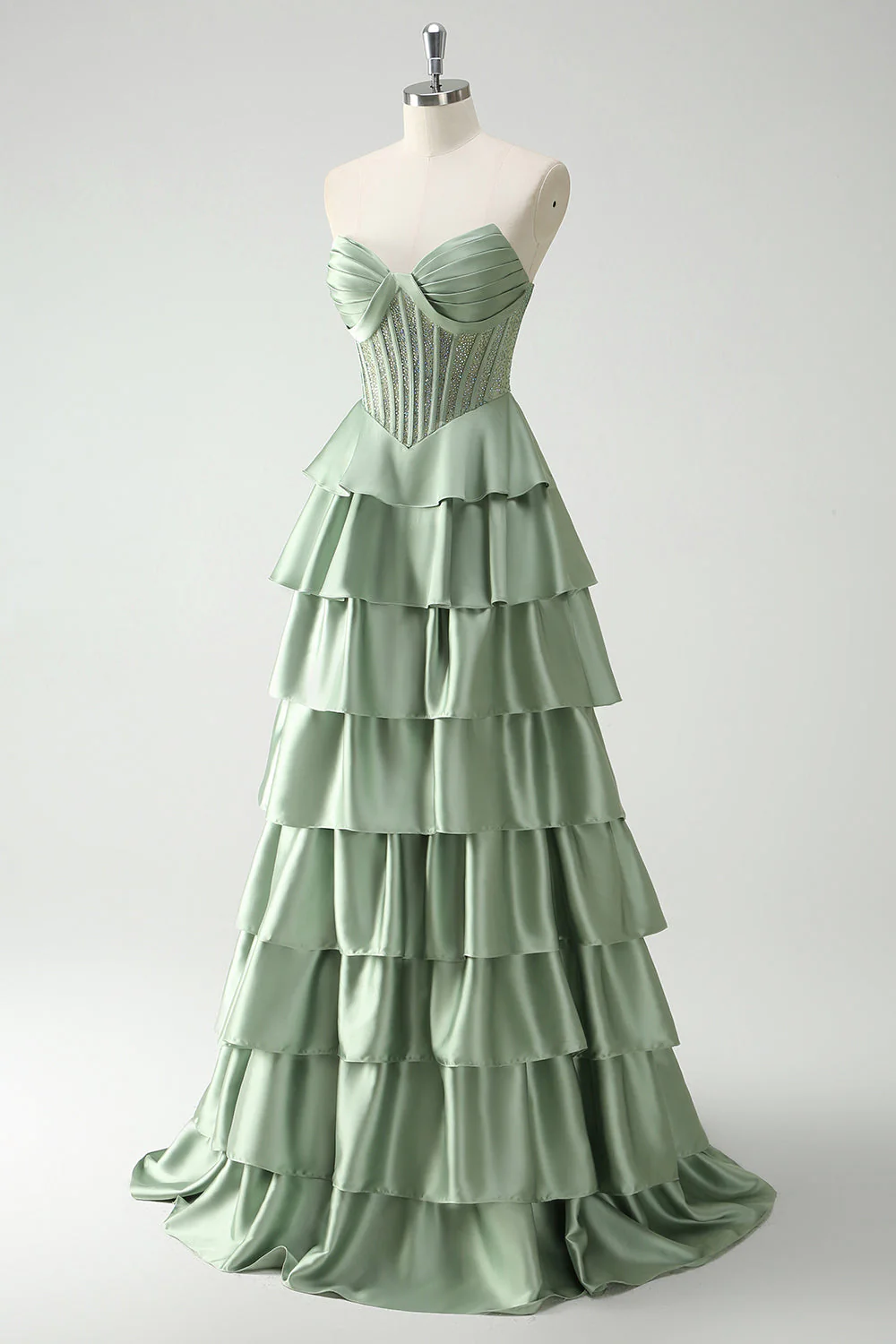 Green Sweetheart Princess Satin Tiered Long Corset Prom Dress with Slit - Image 3