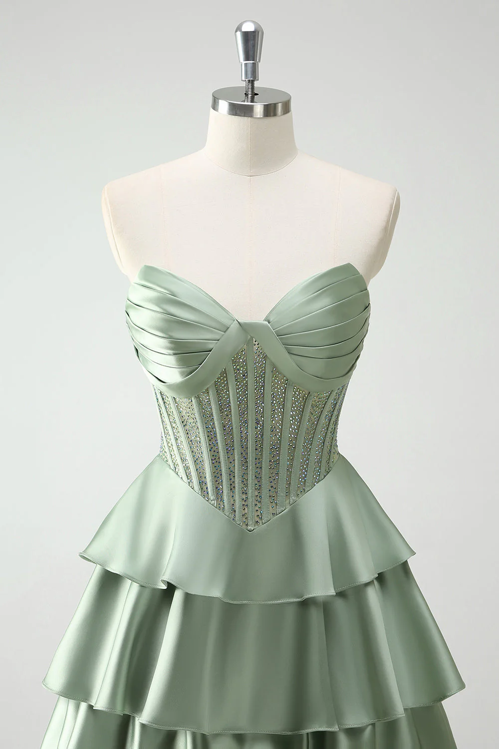 Green Sweetheart Princess Satin Tiered Long Corset Prom Dress with Slit - Image 4
