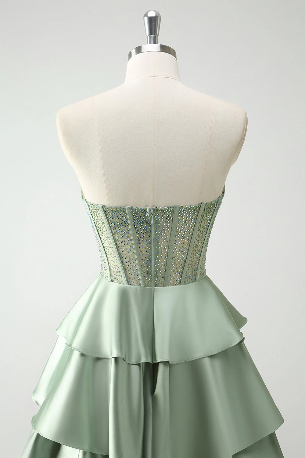Green Sweetheart Princess Satin Tiered Long Corset Prom Dress with Slit - Image 5