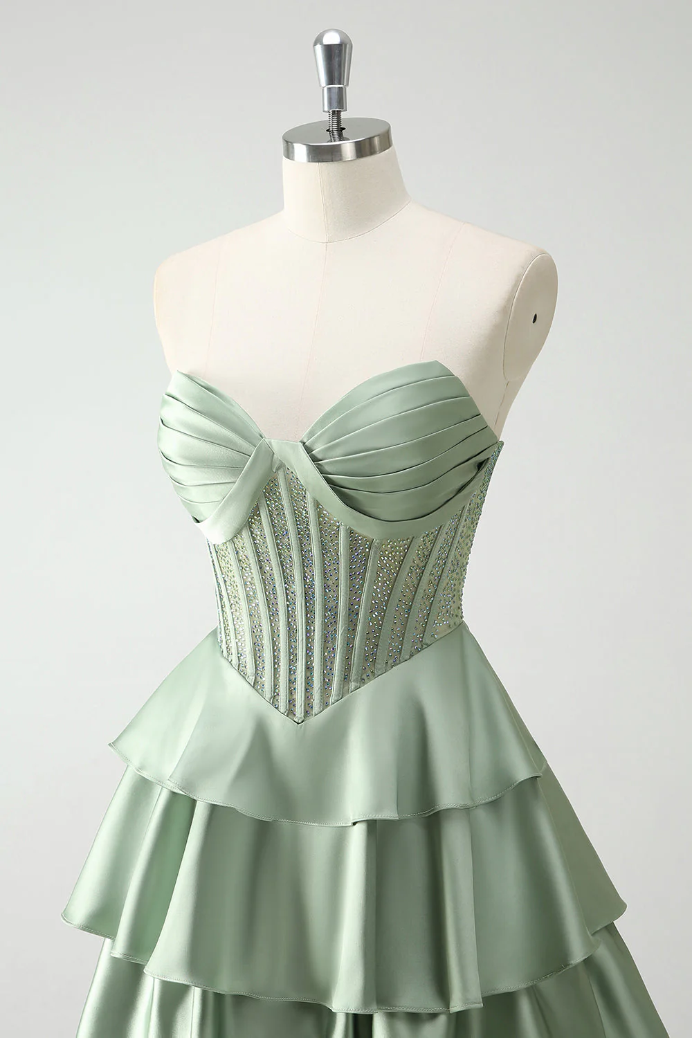 Green Sweetheart Princess Satin Tiered Long Corset Prom Dress with Slit - Image 6
