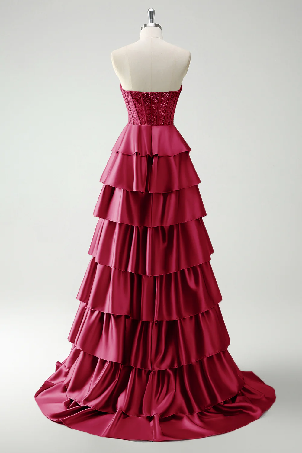 Green Sweetheart Princess Satin Tiered Long Corset Prom Dress with Slit - Image 9