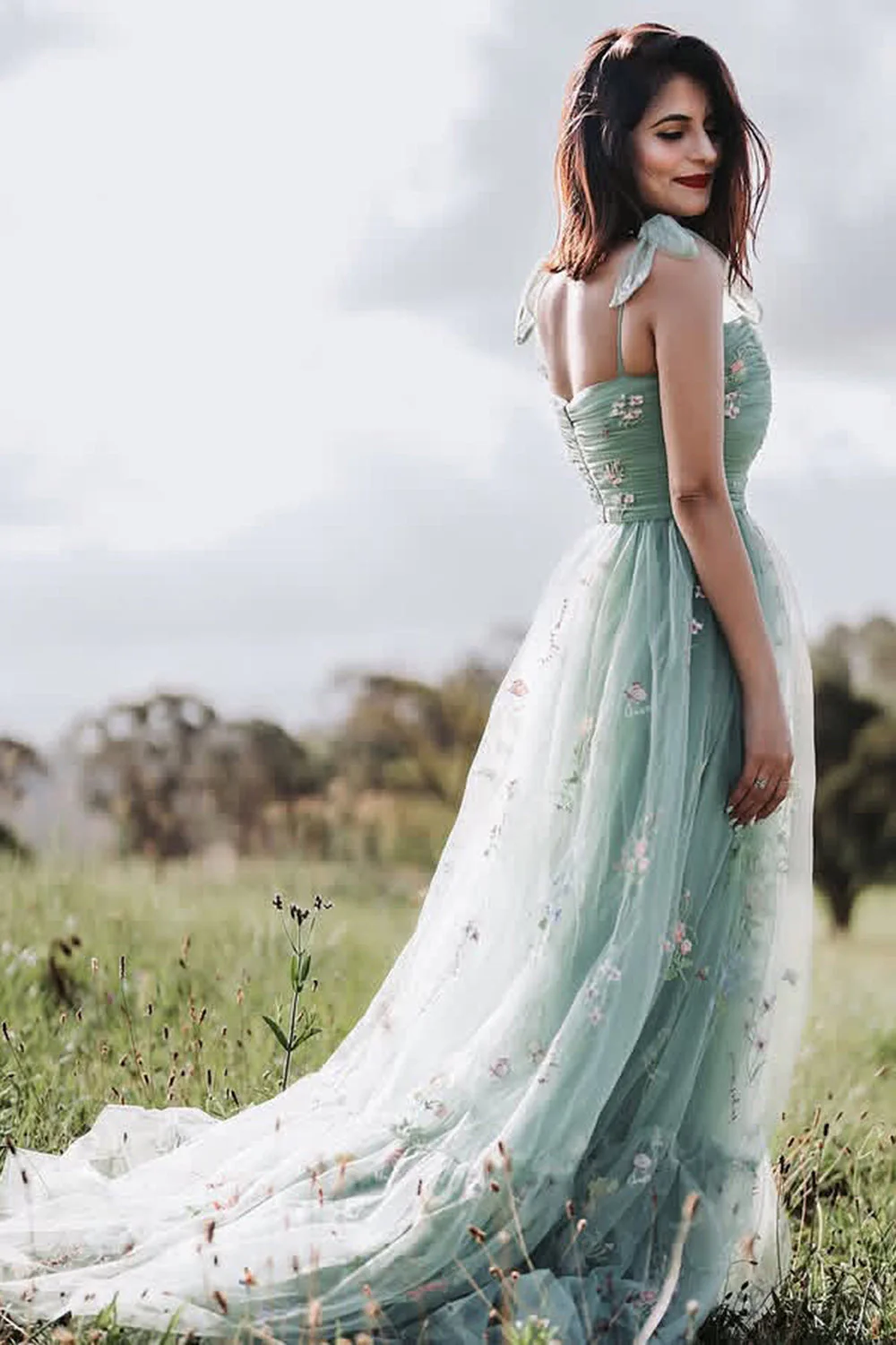 Green Tulle A-Line Spaghetti Straps Ruched Long Prom Dress with Embroidery - Image 2
