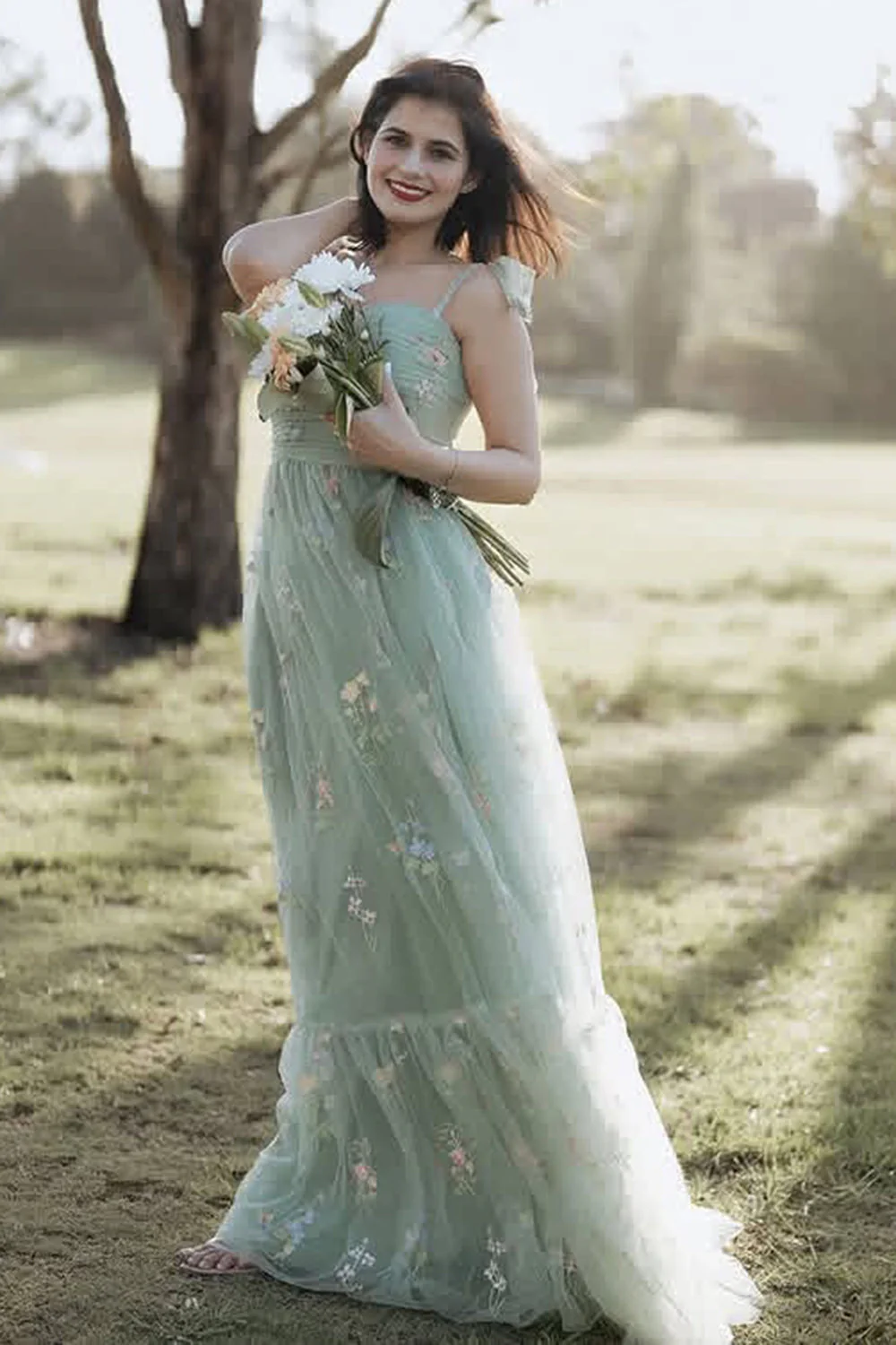 Green Tulle A-Line Spaghetti Straps Ruched Long Prom Dress with Embroidery - Image 3