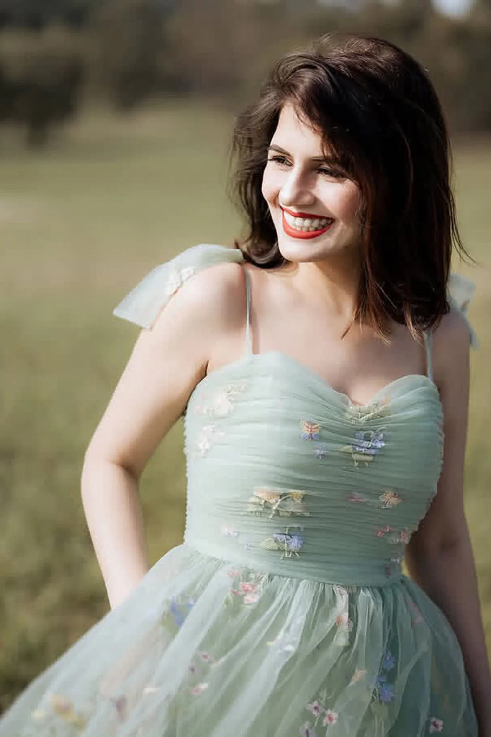 Green Tulle A-Line Spaghetti Straps Ruched Long Prom Dress with Embroidery - Image 4