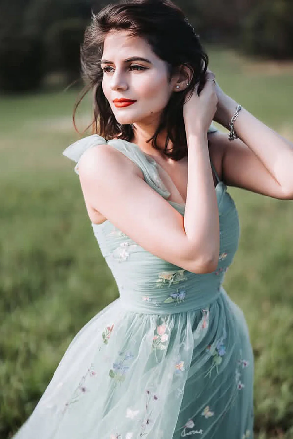 Green Tulle A-Line Spaghetti Straps Ruched Long Prom Dress with Embroidery - Image 6