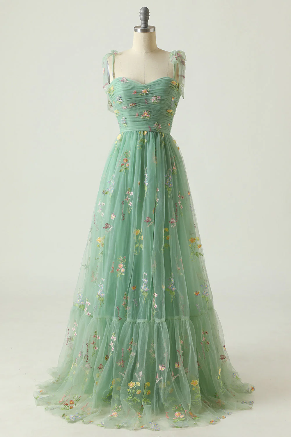 Green Tulle A-Line Spaghetti Straps Ruched Long Prom Dress with Embroidery - Image 7