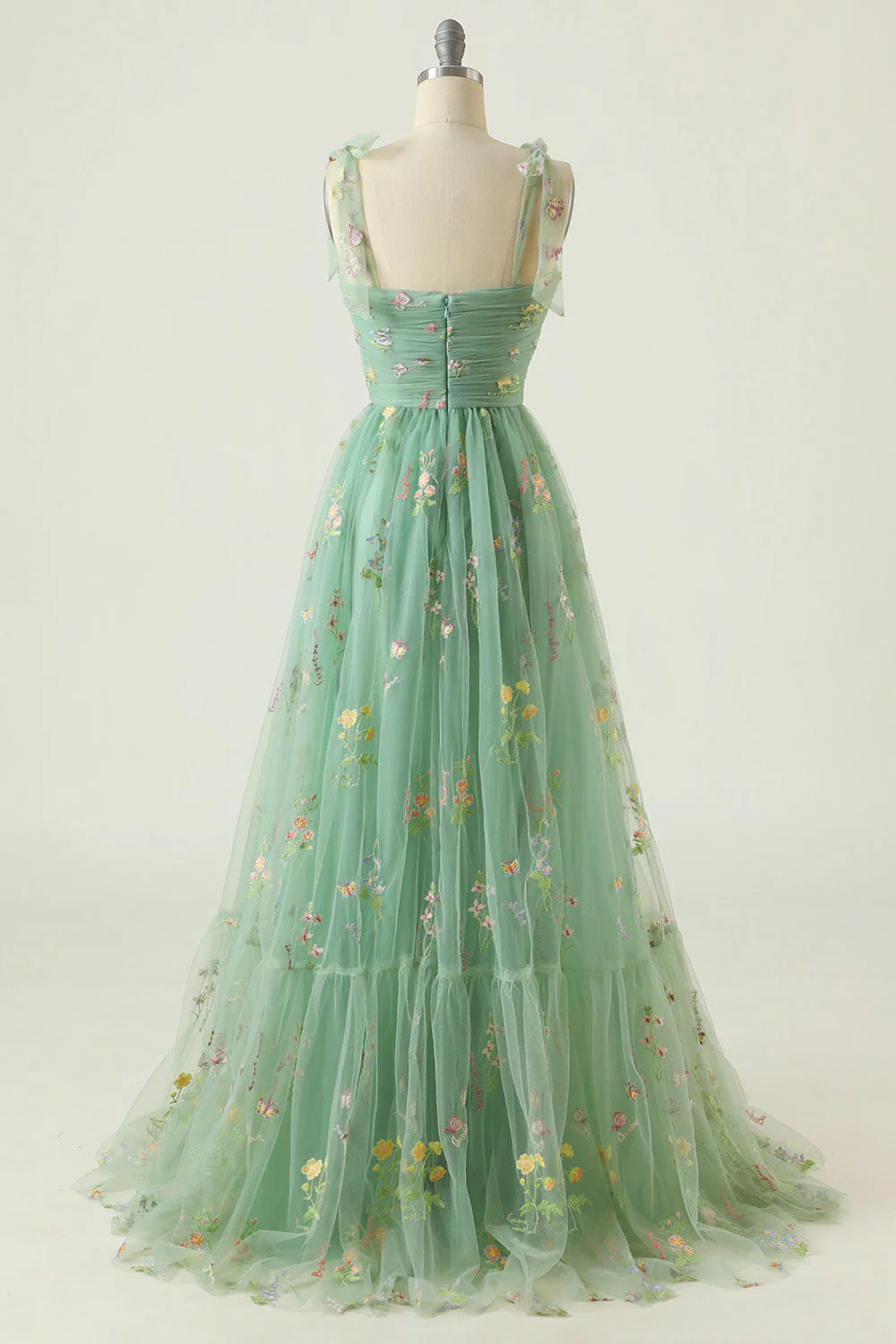 Green Tulle A-Line Spaghetti Straps Ruched Long Prom Dress with Embroidery - Image 8