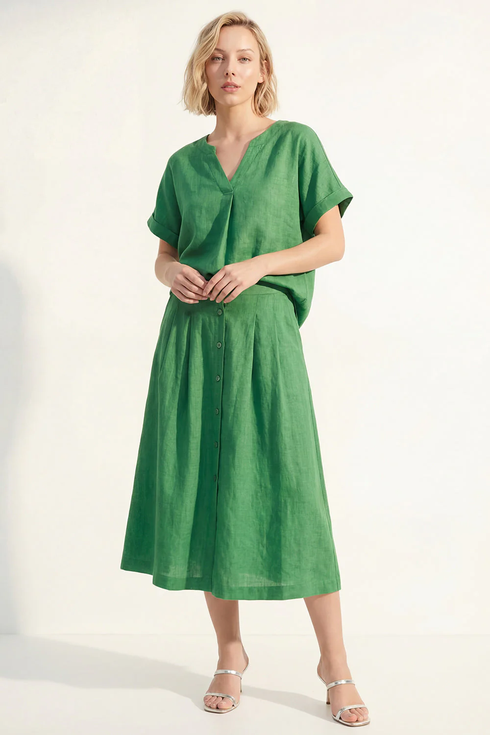 Green V-Neck Short Sleeves Satin Midi Single Breasted Work Dress