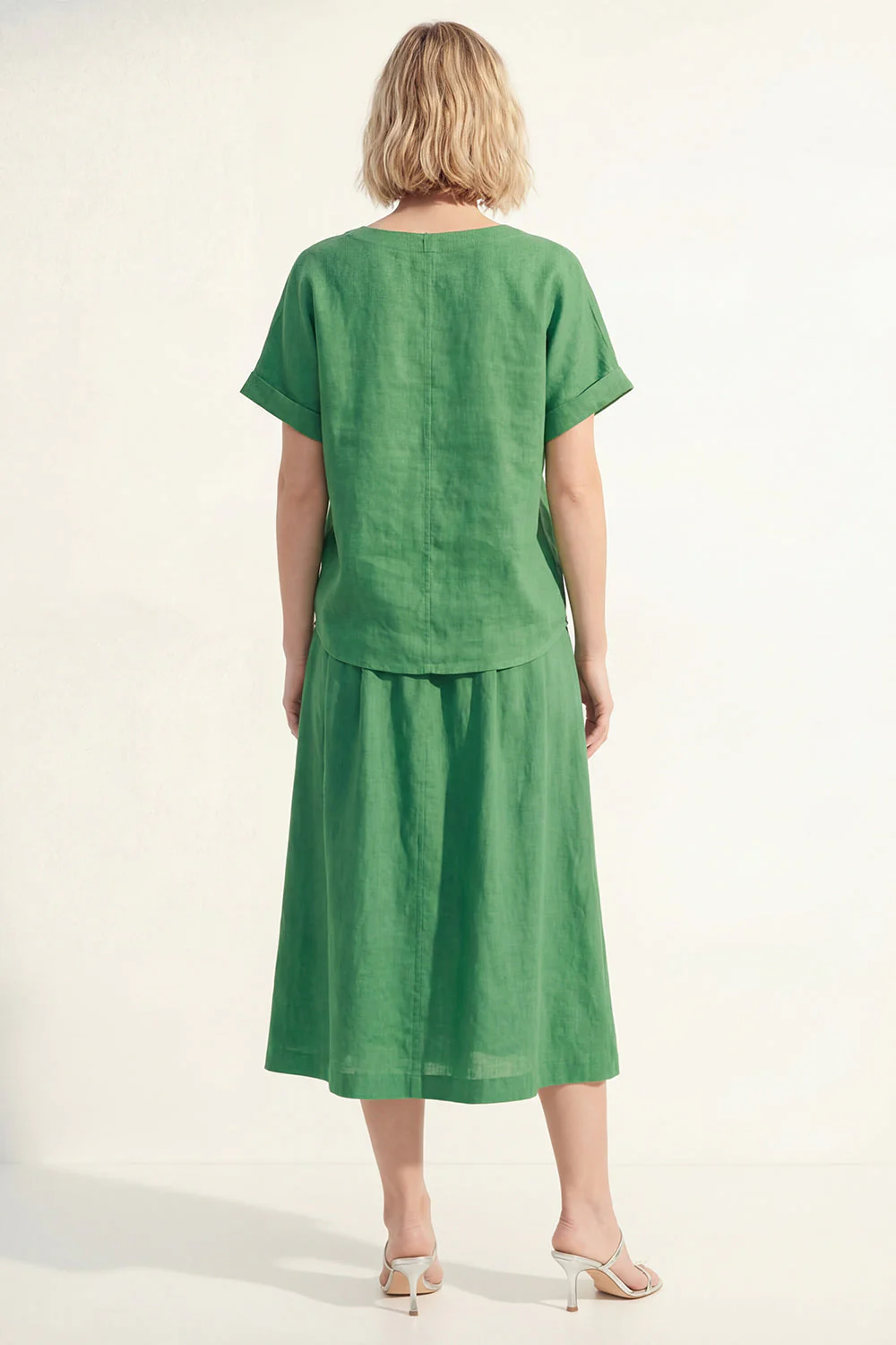 Green V-Neck Short Sleeves Satin Midi Single Breasted Work Dress - Image 2