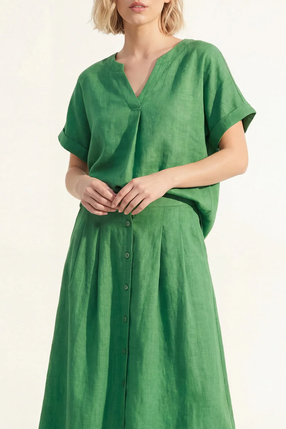 Green V-Neck Short Sleeves Satin Midi Single Breasted Work Dress - Image 3