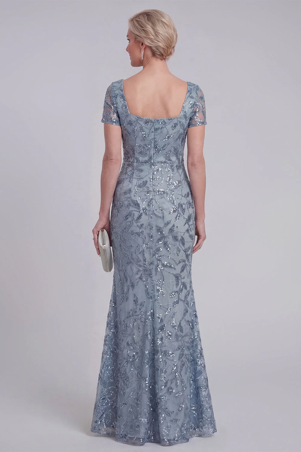 Grey Blue Floral Lace Mermaid Sequins Long Mother of The Bride Dress with Sleeves - Image 2