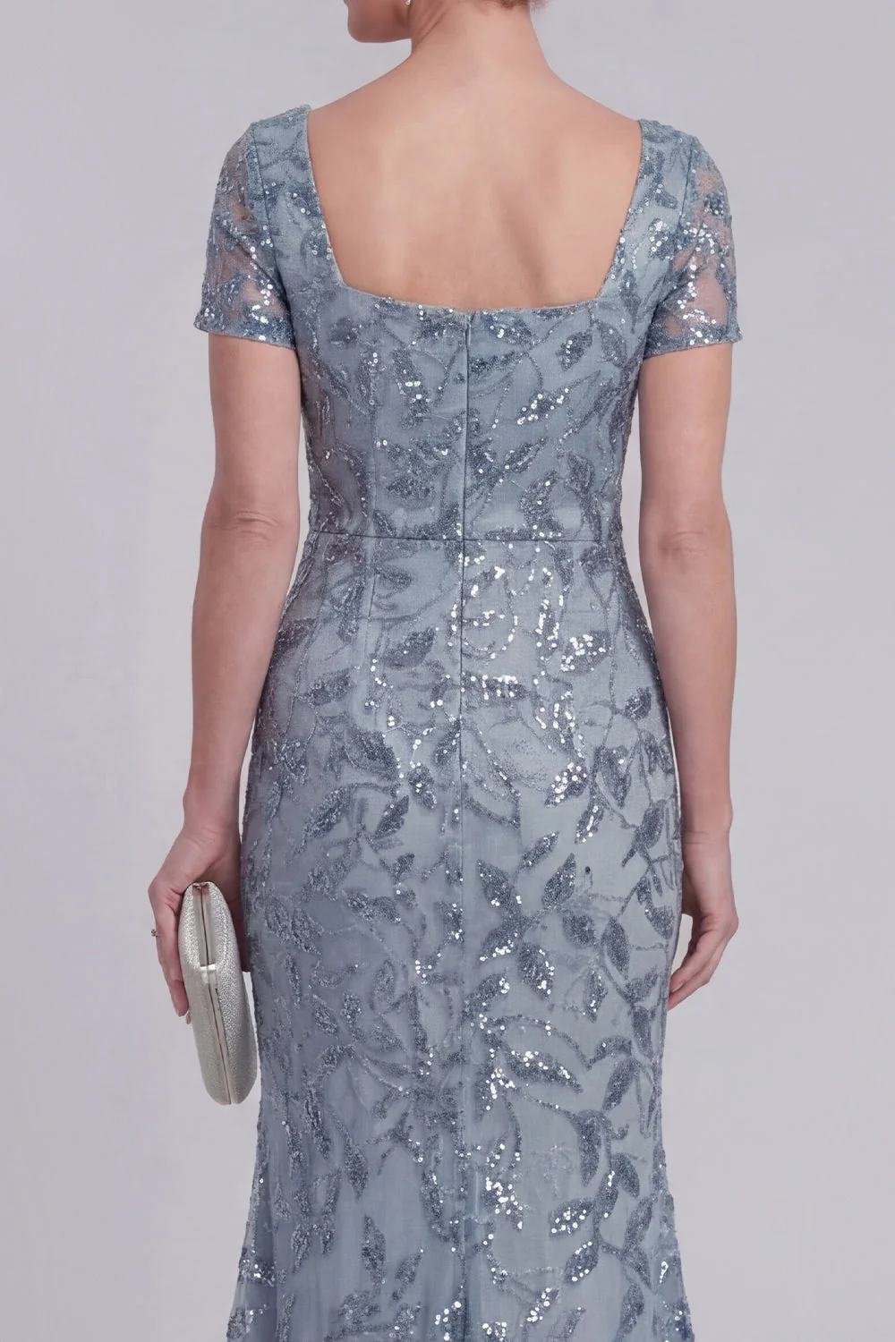 Grey Blue Floral Lace Mermaid Sequins Long Mother of The Bride Dress with Sleeves - Image 3
