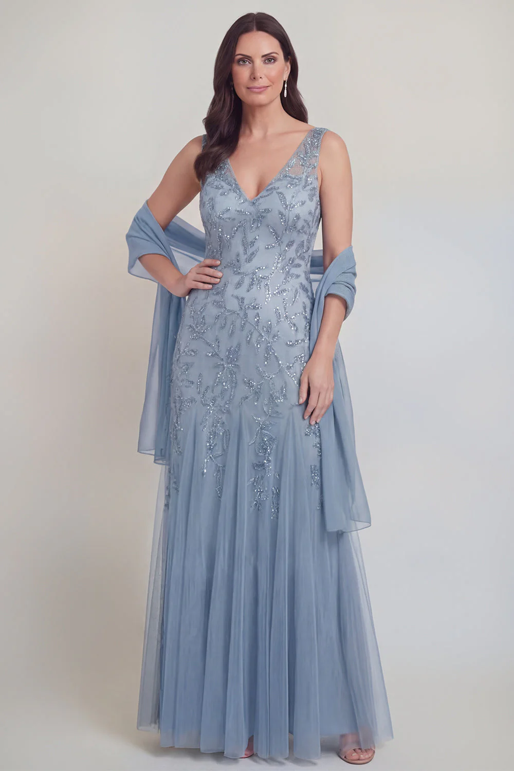 Grey Blue Floral V-Neck A Line Tulle Long Mother of The Bride Dress