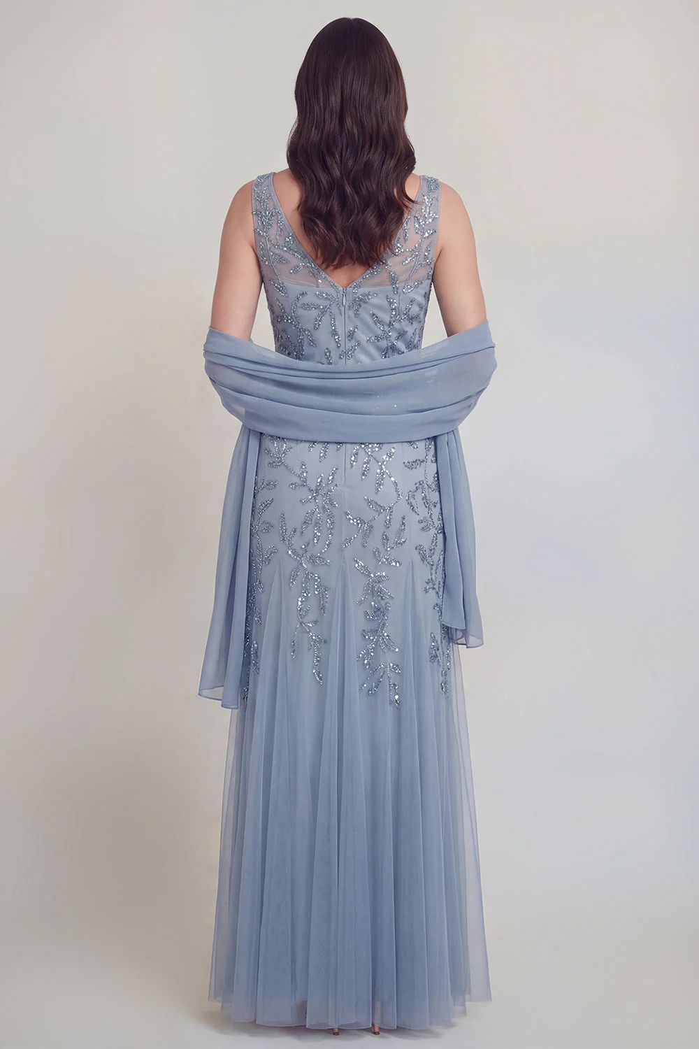 Grey Blue Floral V-Neck A Line Tulle Long Mother of The Bride Dress - Image 2