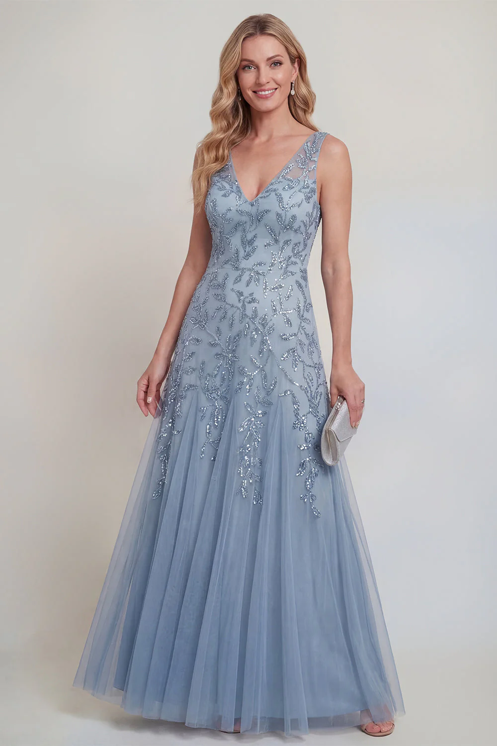 Grey Blue Floral V-Neck A Line Tulle Long Mother of The Bride Dress - Image 3