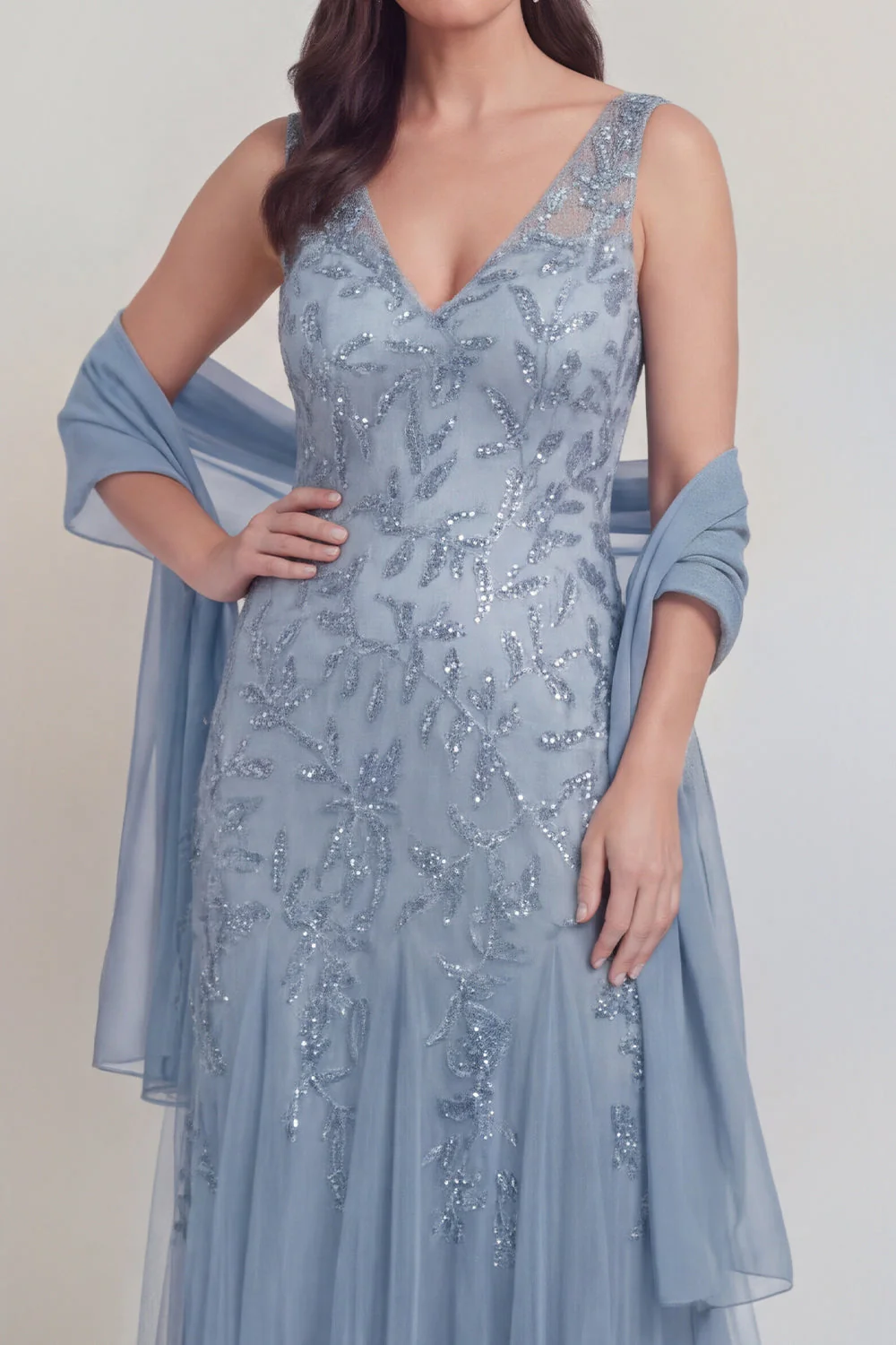 Grey Blue Floral V-Neck A Line Tulle Long Mother of The Bride Dress - Image 4