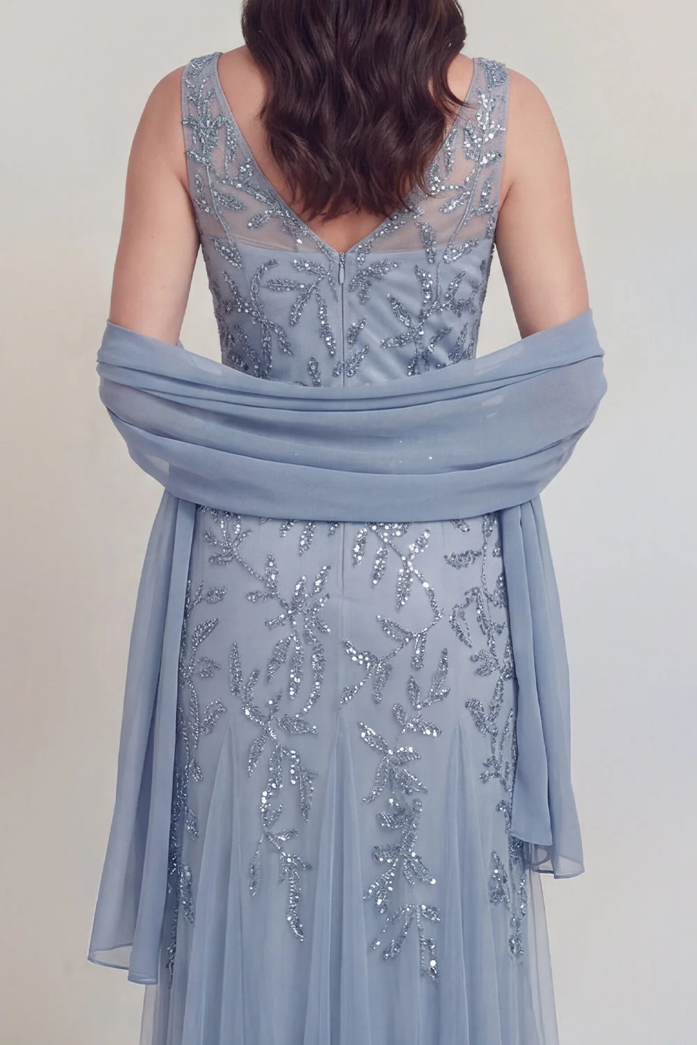 Grey Blue Floral V-Neck A Line Tulle Long Mother of The Bride Dress - Image 5