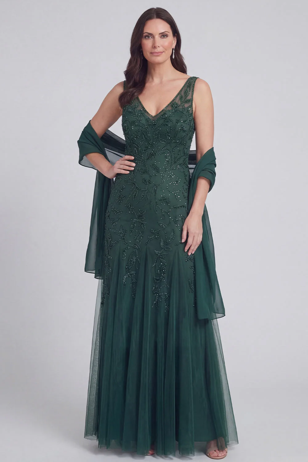 Grey Blue Floral V-Neck A Line Tulle Long Mother of The Bride Dress - Image 6