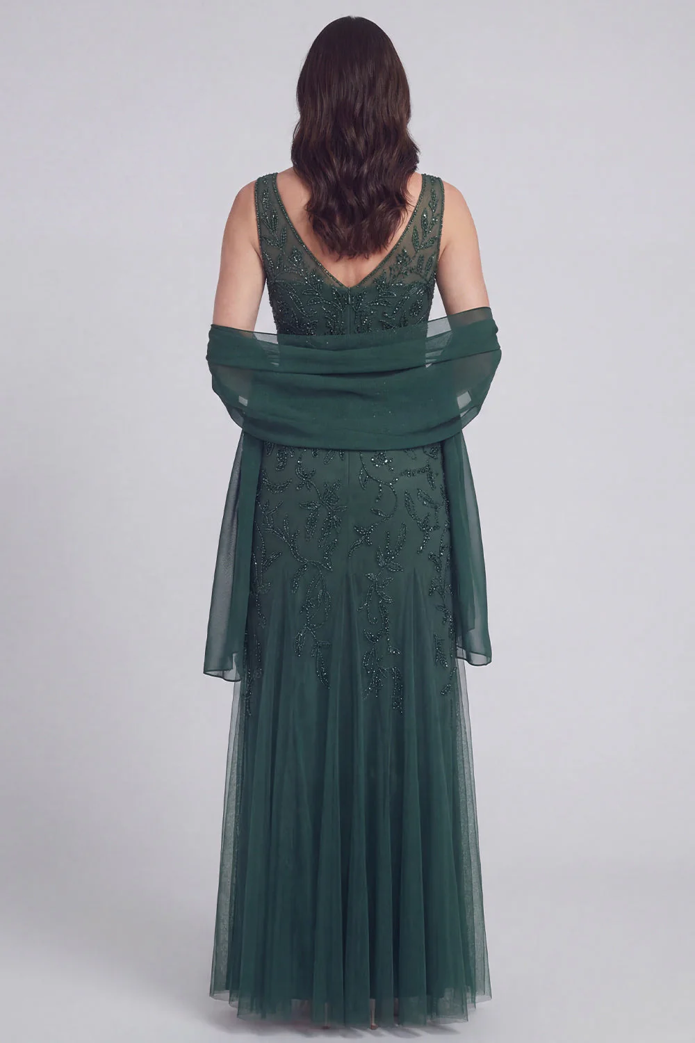 Grey Blue Floral V-Neck A Line Tulle Long Mother of The Bride Dress - Image 7